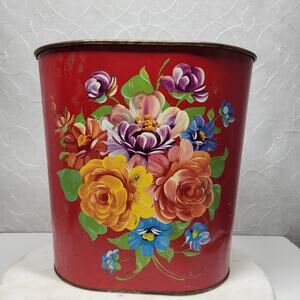 VTG Harvell Tolled Metal Trash Can 12" Red Floral Painted Oval MCM Wastebasket
